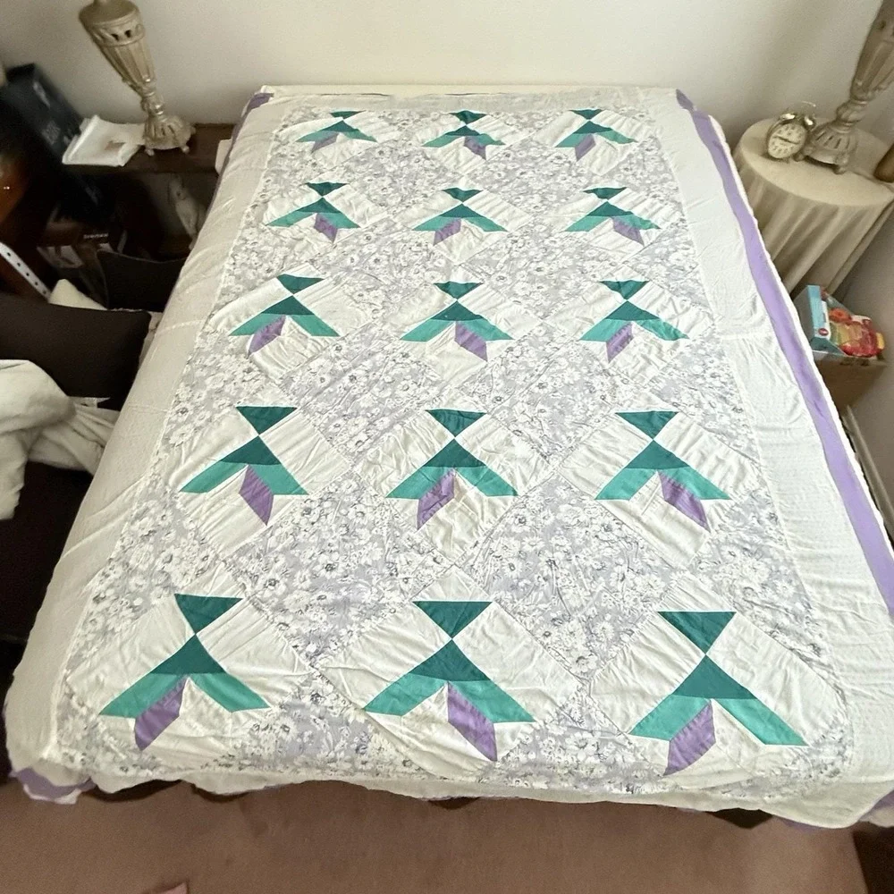 Vtg Patchwork Quilt Flying Geese Full Queen 83x82 Purple Teal Floral Handmade